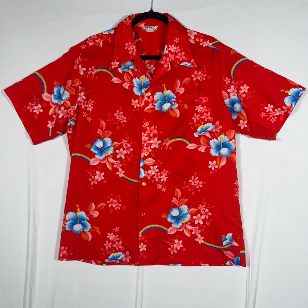 Vtg 70s Hawaiian Button Up Shirt XL/XXL Red Rainbow Hibiscus Aloha Made‎ Hawaii - Picture 2 of 8